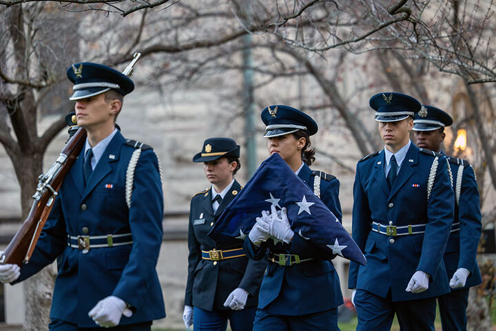 IU ROTC members stand in formation at the Old Crescent.